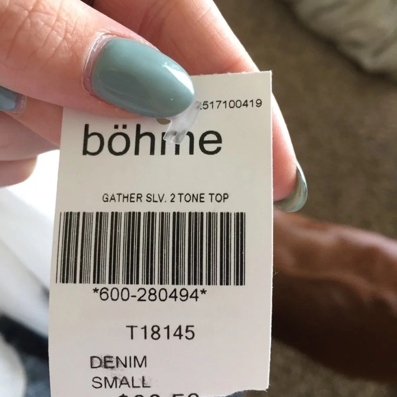 Denim looking blouse with chiffon accents. - Picture 6 of 7